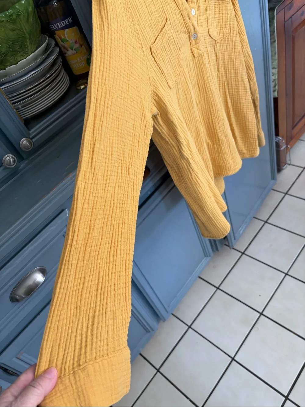 Relaxed Gauze Henley Tunic Top in Mustard - Picture 6 of 6